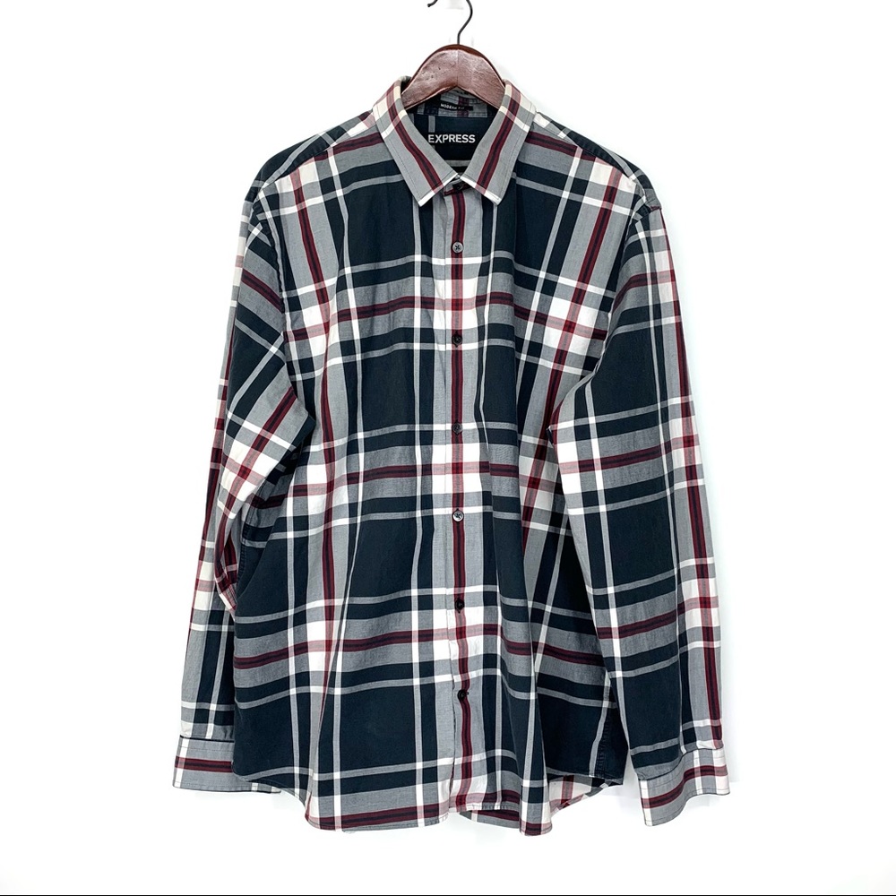 Leaving My Closet In December Express Modern Fit Charcoal Plaid Button Up Shirt